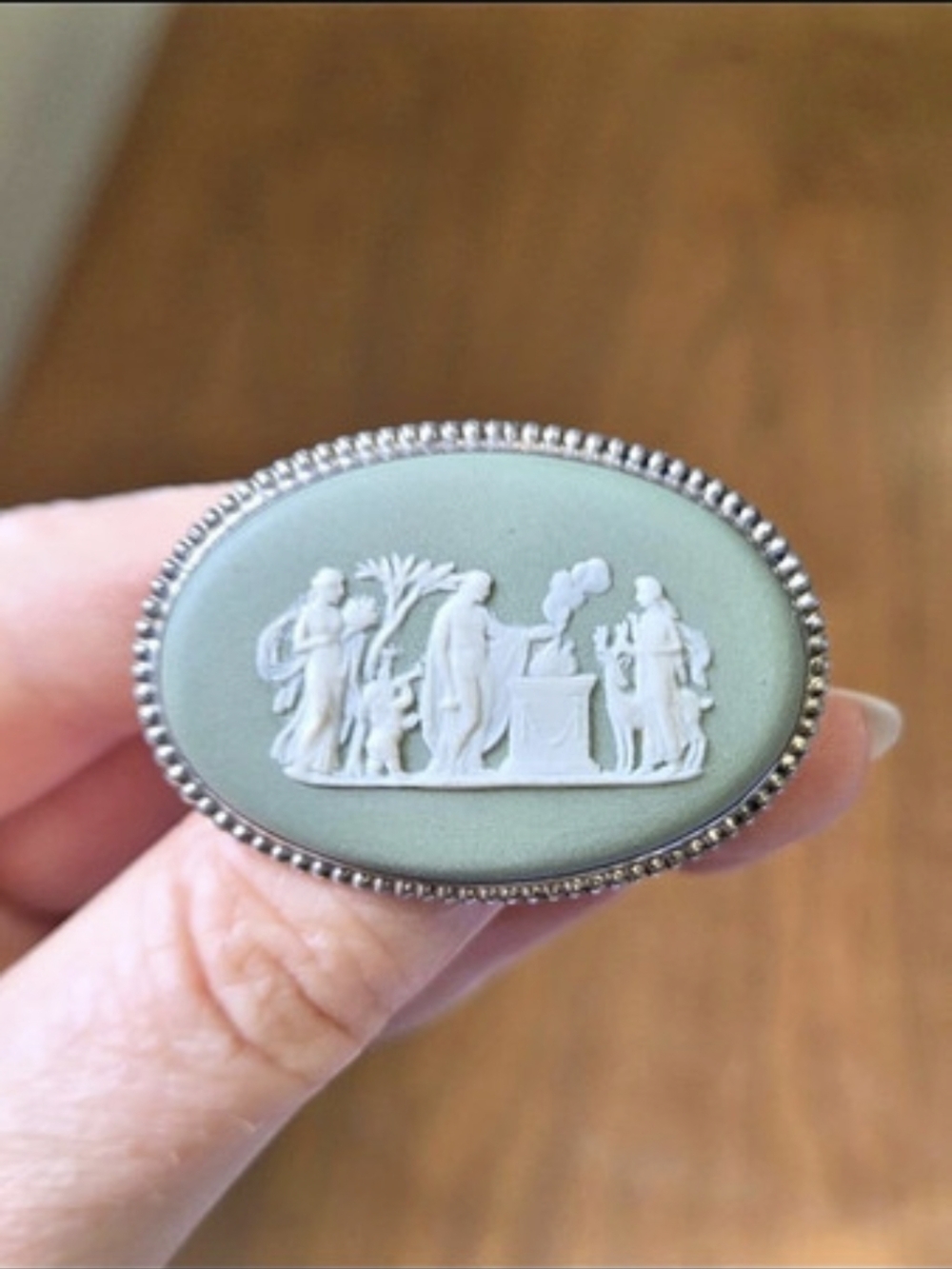 Vintage 1974 Wedgwood Sage Green Jasperware Neoclassical Brooch / Pin